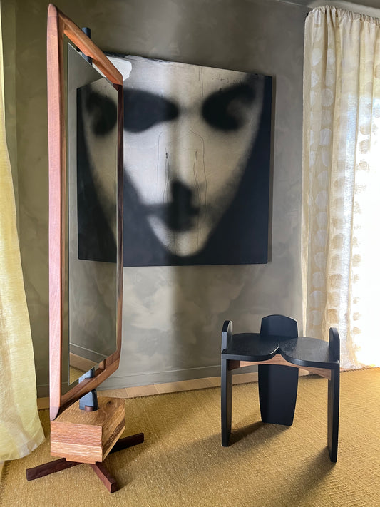 "Le Miroir", Noyer et chêne massif huilé transparent bleu