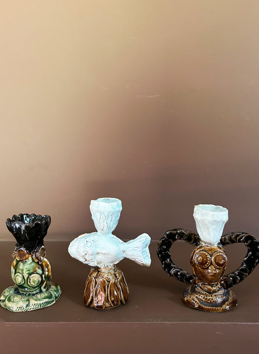Anne Saltel - 3 Bougeoirs - Visages et Poissons
