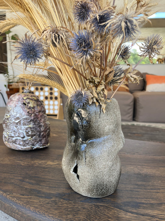 "La craquelure » photophore en grés noir - Michelle